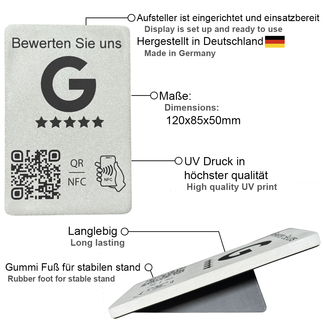 Google Bewertung Aufsteller Schild Beton für Unternehmen Läden Shops Restaurants. QR Code und NFC
