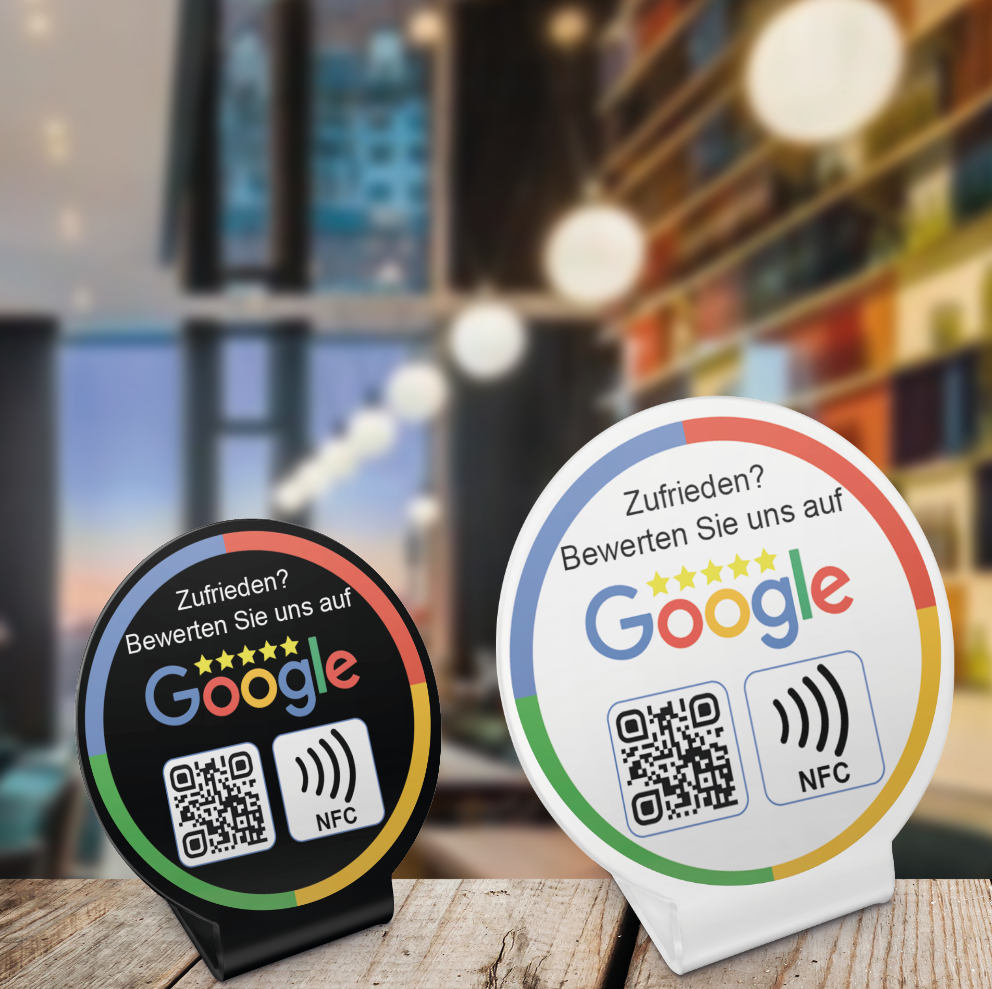 Fertig eingerichteter Acryl NFC Aufsteller für Google Bewertungen - 1 oder 2 Stück, mit QR-Code für einfache Kundenfeedback