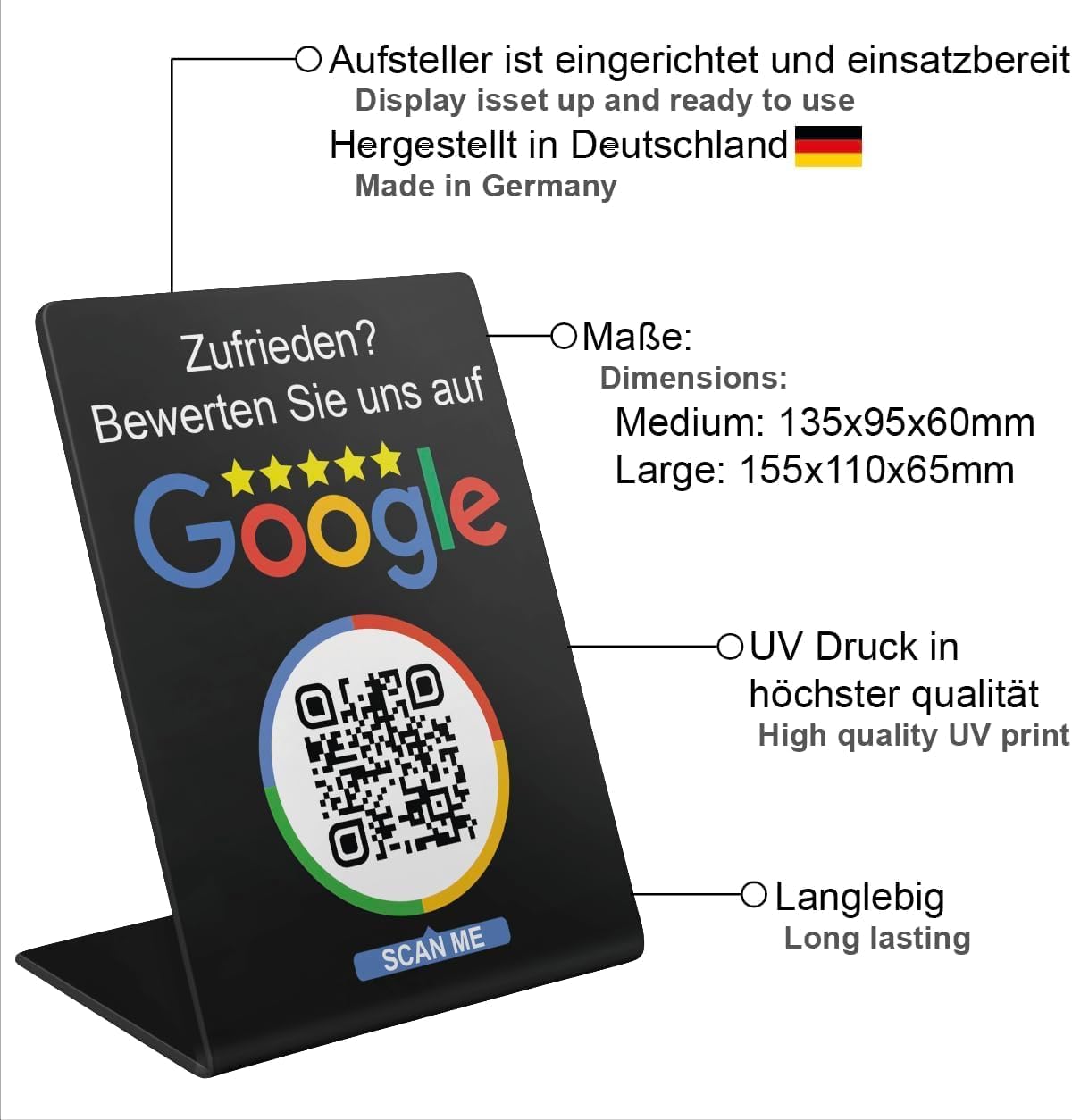 Google Bewertung Aufsteller mit QR Code und NFC für Unternehmen Läden Shops Restaurants.