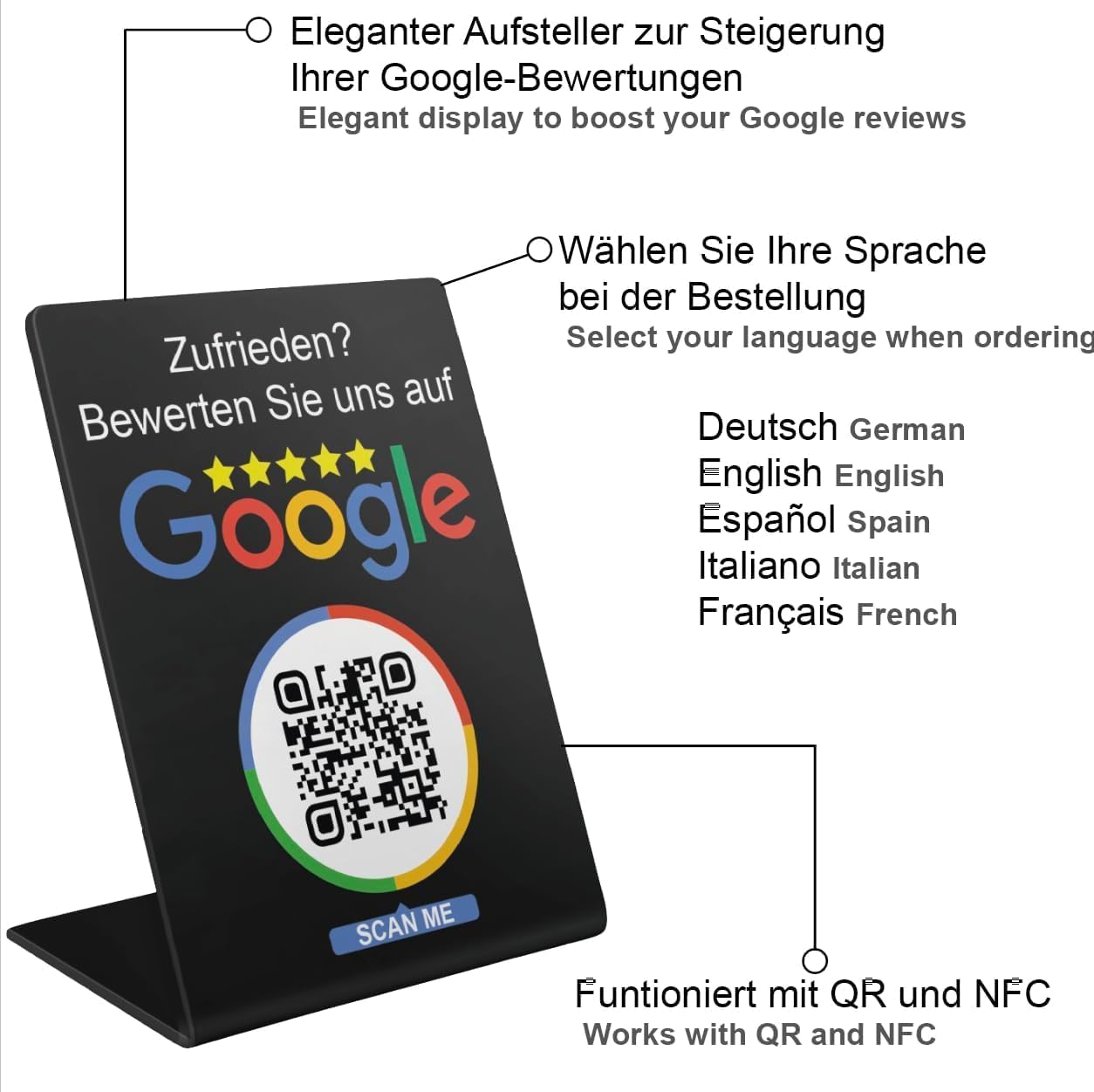 Google Bewertung Aufsteller Schild für Unternehmen Läden Shops Restaurants. QR Code und NFC V4