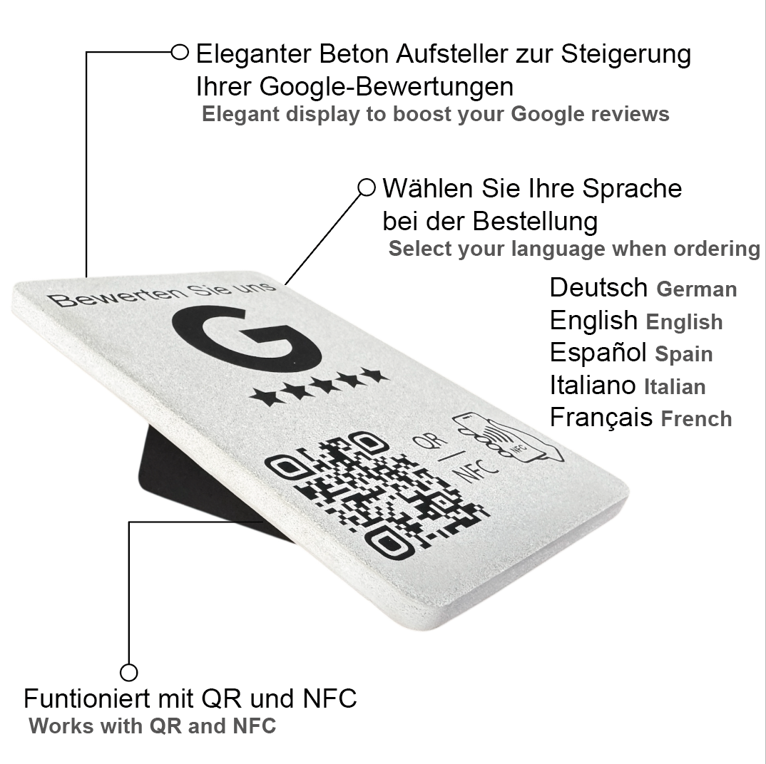 Google Bewertung Aufsteller Schild Beton für Unternehmen Läden Shops Restaurants. QR Code und NFC