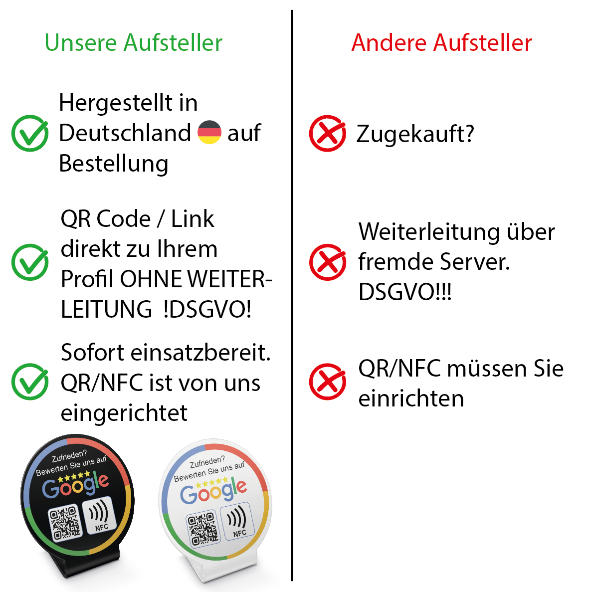 Fertig eingerichteter Acryl NFC Aufsteller für Google Bewertungen - 1 oder 2 Stück, mit QR-Code für einfache Kundenfeedback