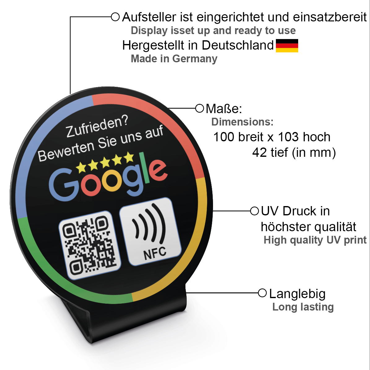 Fertig eingerichteter Acryl NFC Aufsteller für Google Bewertungen - 1 oder 2 Stück, mit QR-Code für einfache Kundenfeedback