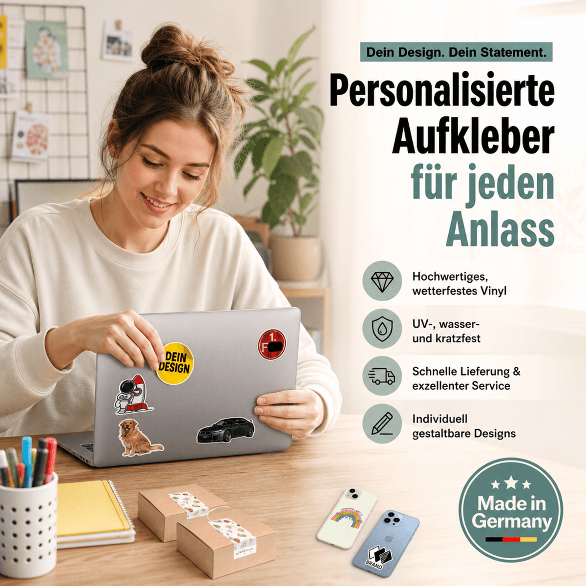 Individuell Gestaltete Hochwertige Aufkleber | Custom Sticker Konfigurator für Innen und Außen | Perfekt für Produkte, Fahrzeuge und Schaufenster