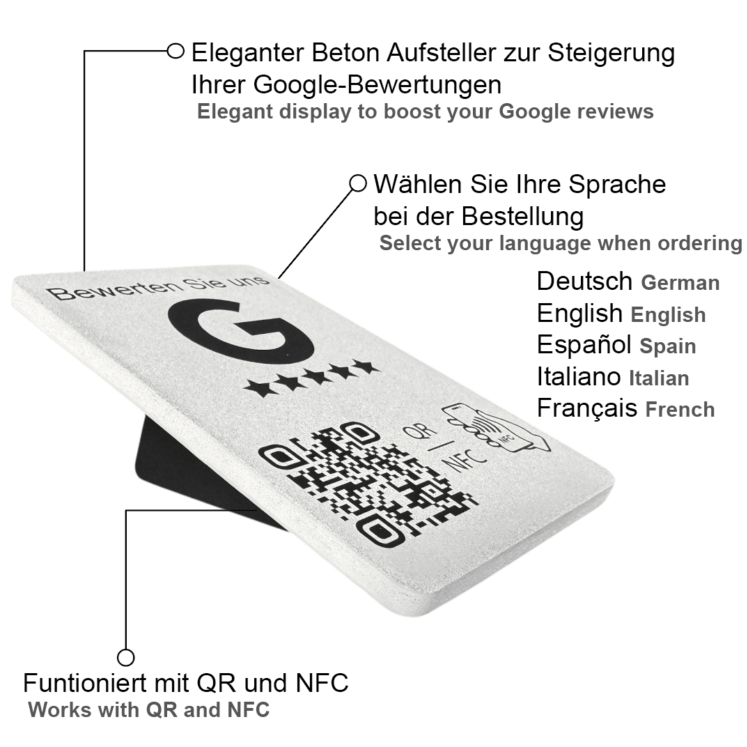 Google Bewertung Aufsteller Schild Beton für Unternehmen Läden Shops Restaurants. QR Code und NFC - TF Skins UG